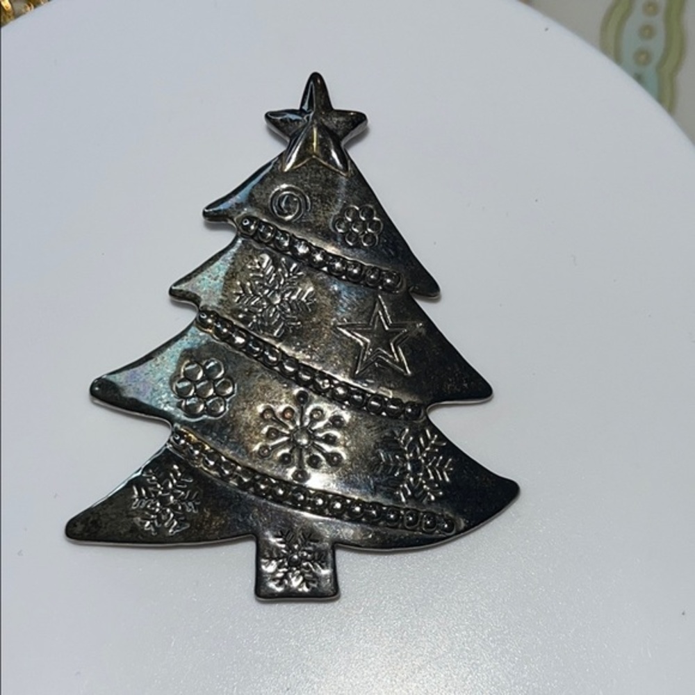 Vintage Signed MJ Silver Tone Christmas Tree Pendant Charm Brooch Pin